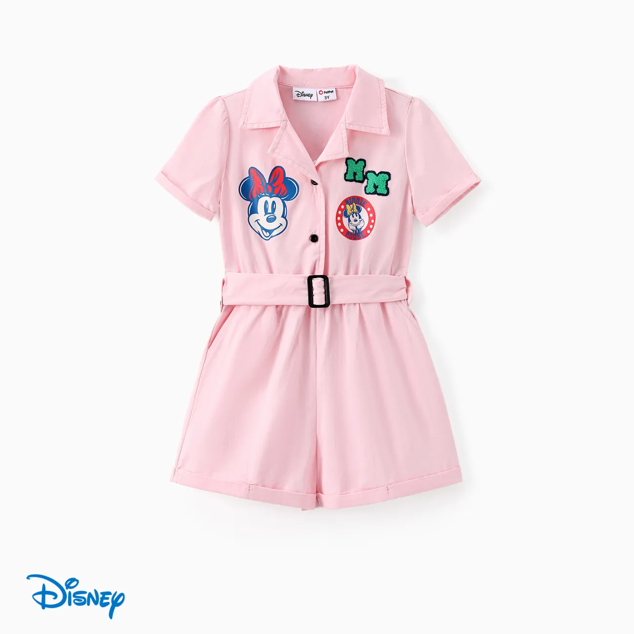 Disney Mickey and Friends Toddler Girls 2pcs Cotton Embroidered Minnie Letter Print Short-sleeve Cargo Jumpsuit with Belt pink- big image 1