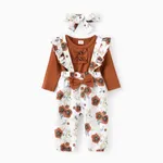 Baby Girl 3pcs Sweet Solid Romper and Floral Print Ruffled Overalls with Headband Set Brown
