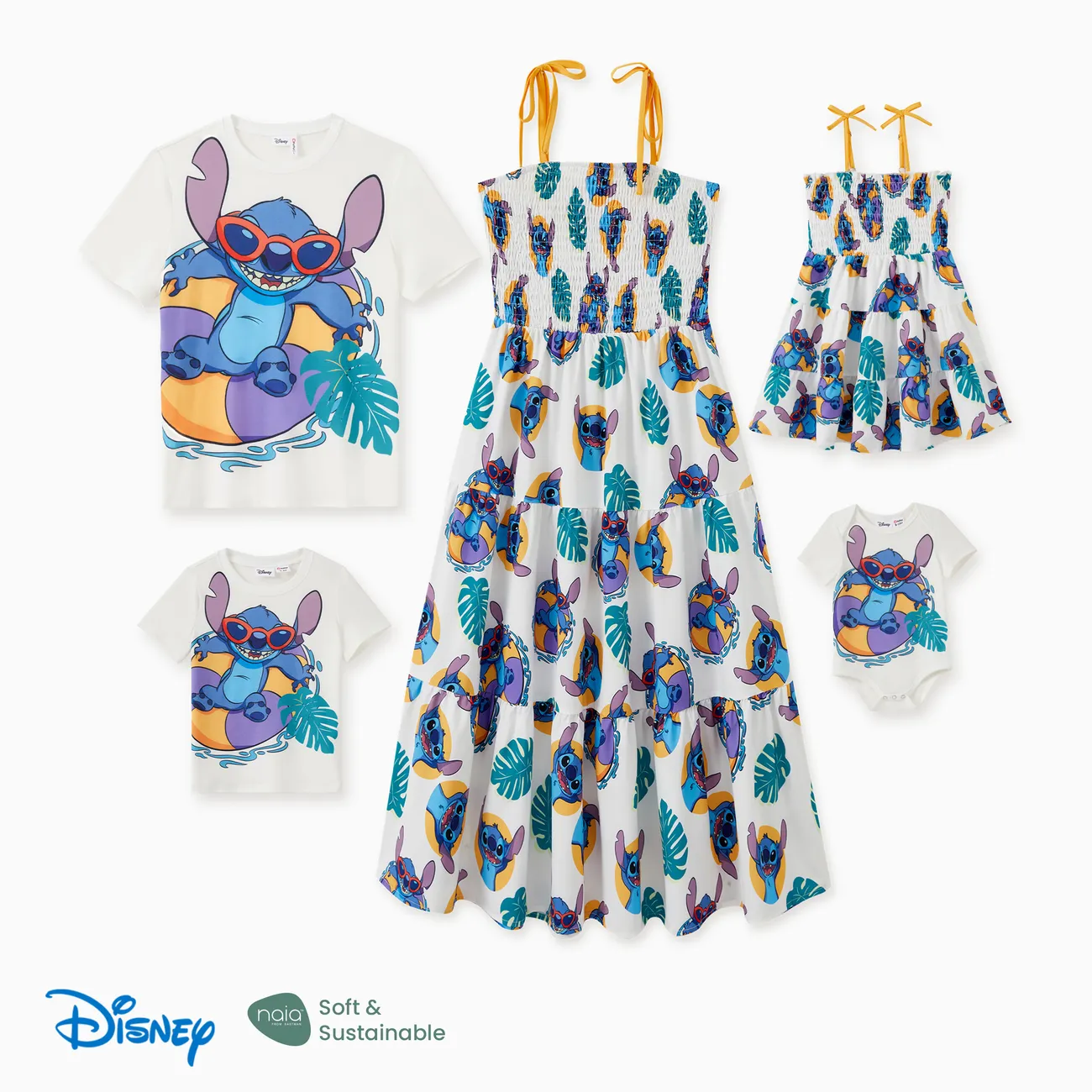 Disney Stitch Family Matching Naia™ Swimming Stitch Tropical Plant Print Sleeveless Dress/Tee/Onesie greenwhite big image 1