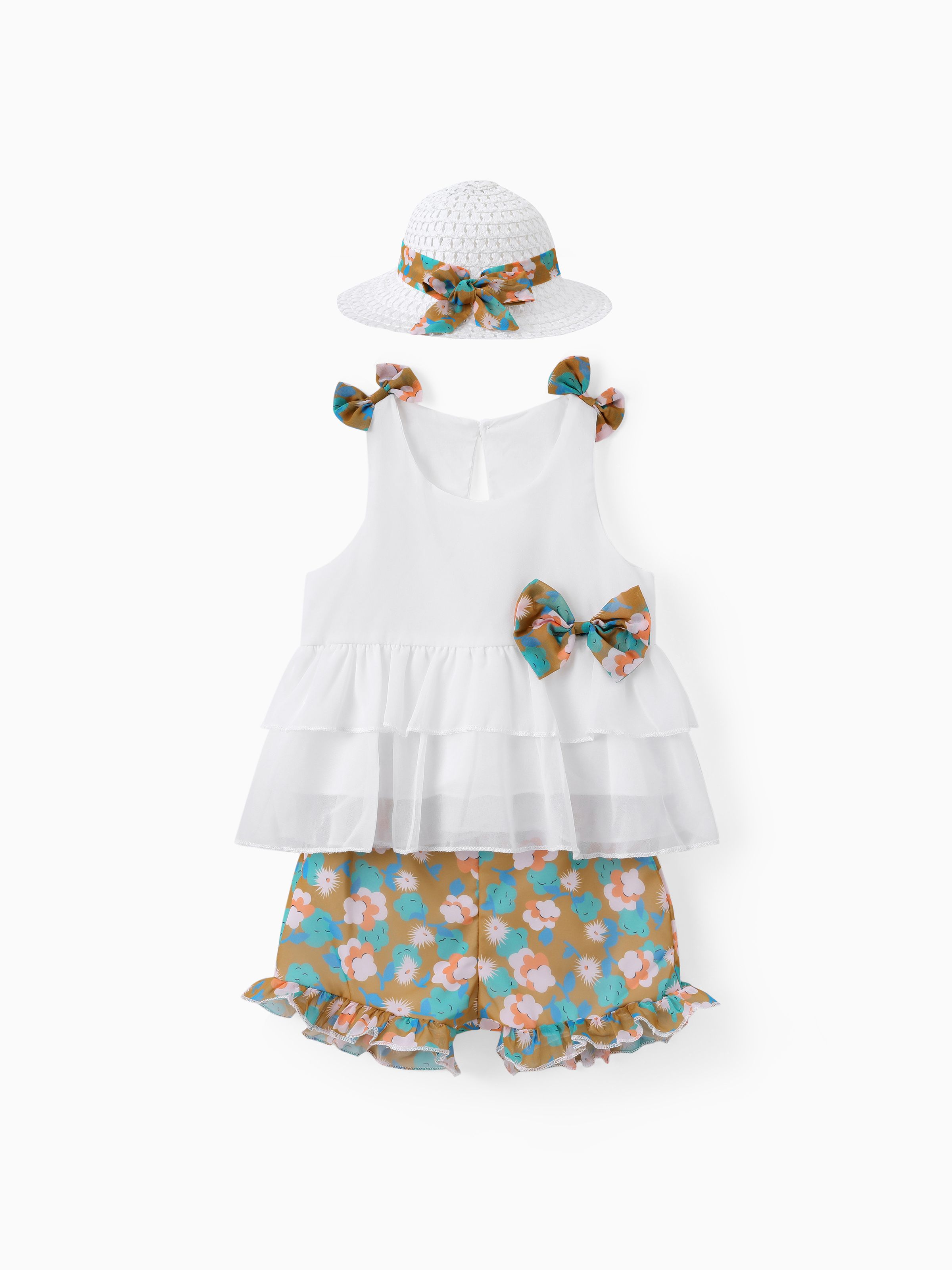 

3pcs Toddler Girl Bow Decor Hat & Layered Ruffled Tank Top & Floral Print Shorts Set