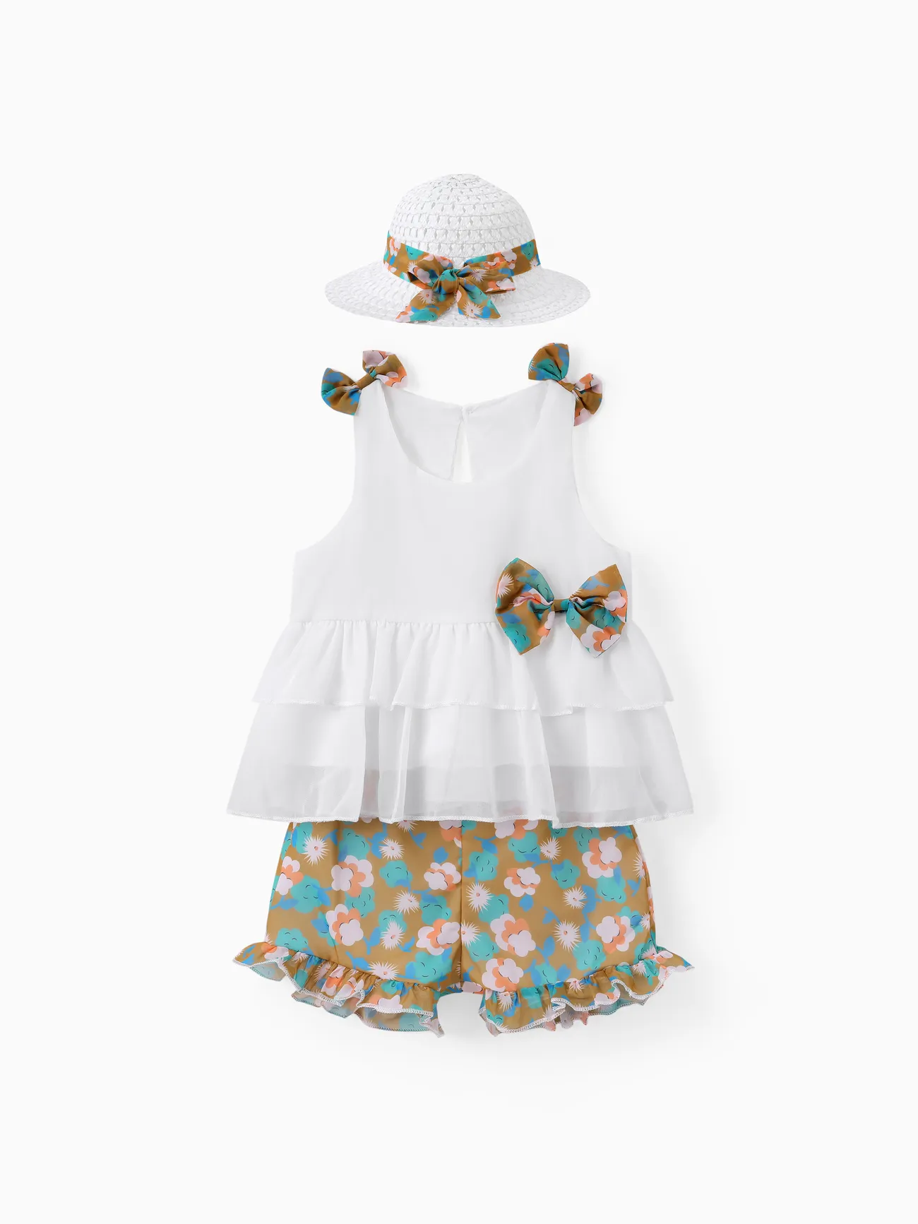 

3pcs Toddler Girl Bow Decor Hat & Layered Ruffled Tank Top & Floral Print Shorts Set