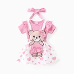 Baby Girl 3pcs Solid Romper and Bear Embroidery Overall Dress with Headband Set Pink