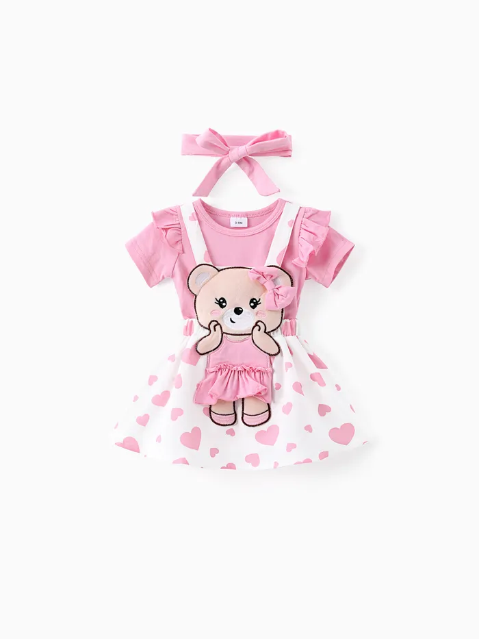 Baby Girl 3pcs Solid Romper and Bear Embroidery Overall Dress with Headband Set