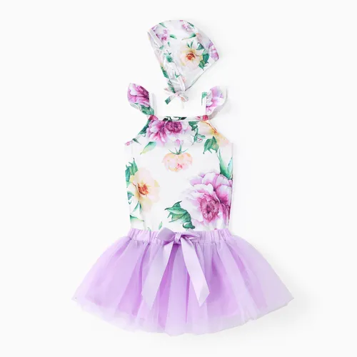Baby Girl 3件花卉印花連體褲和網眼半身裙和帽子套裝