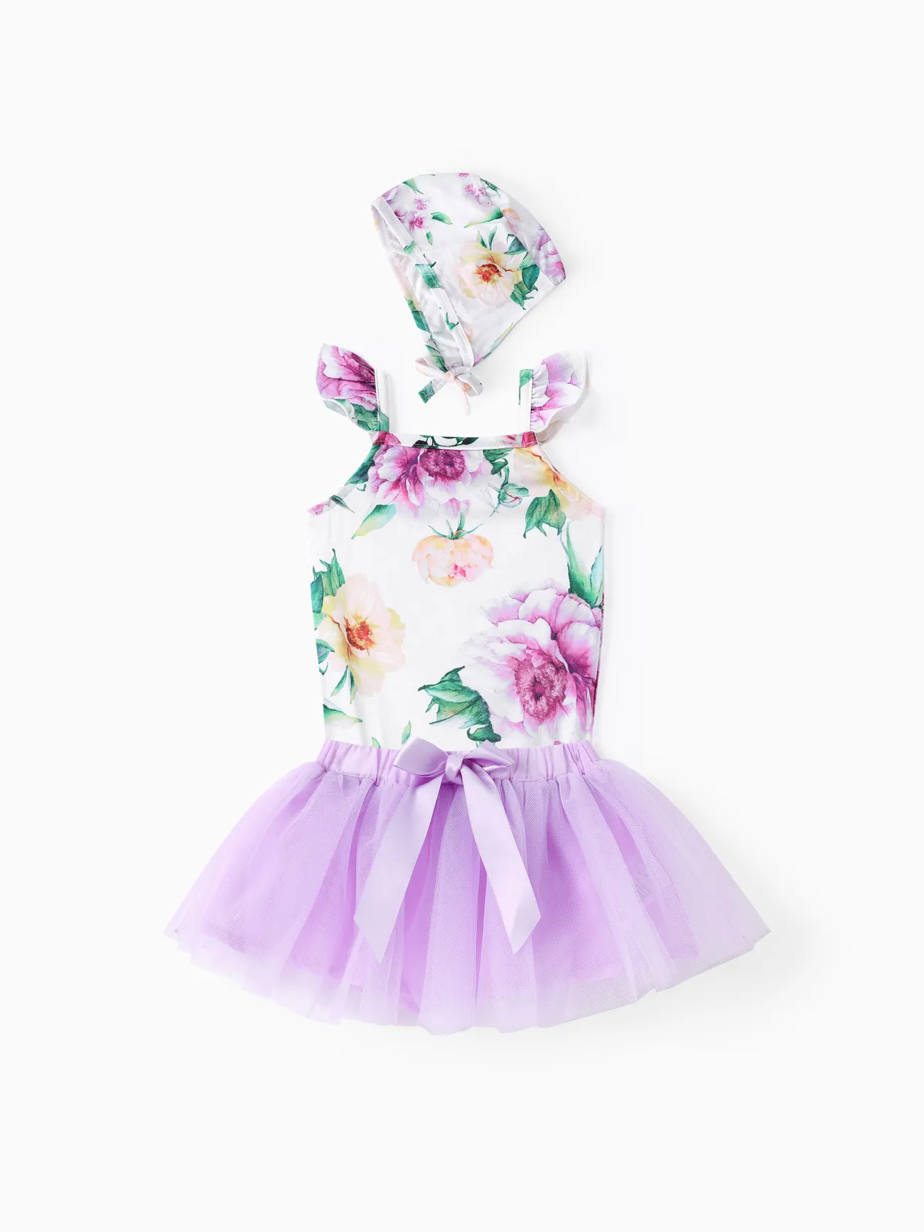 3 pièces Bébé Manches à volants Grande fleur Doux Manches courtes Costume jupe Violet big image 1