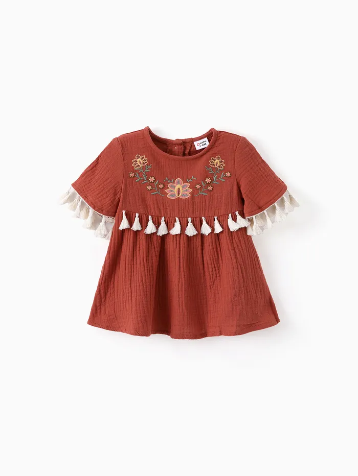 Baby Girl Sweet Floral Embroidery Tasseled Dress