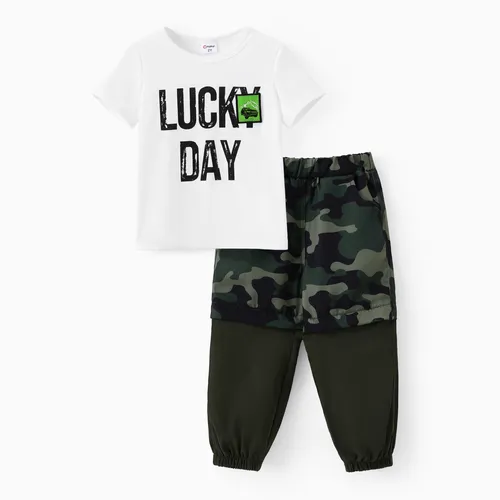 Camiseta con estampado de letras y camuflaje para niños pequeños / niña 2 piezas y conjunto de pantalones cargo extraíbles de camuflaje