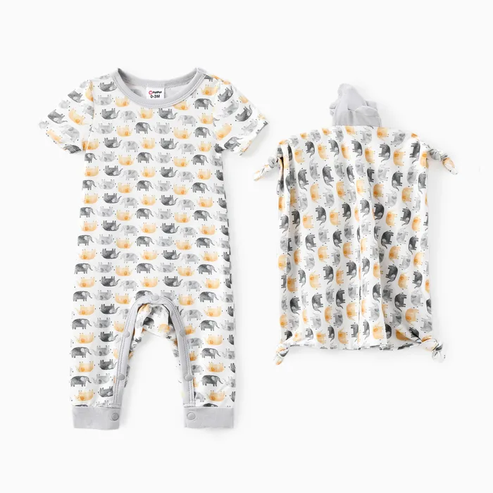 Bebê menino / menina 2pcs bambu tecido elefante estampa pijama macacão com toalha calmante