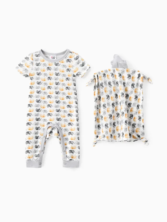 Baby Junge / Mädchen 2 Stück Bambus Stoff Elefantendruck Pyjama Overall mit beruhigendem Handtuch