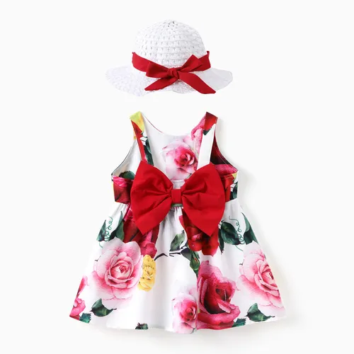 女嬰 2 件花卉印花大蝴蝶結連衣裙帶帽子