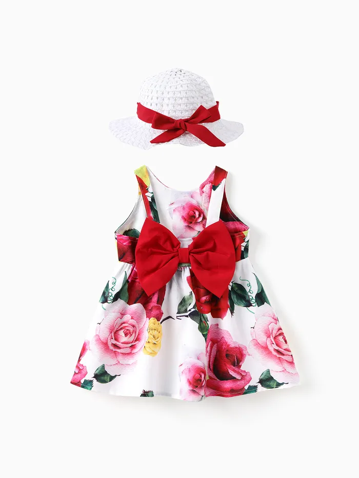 Bebê menina 2pcs floral estampa grande bowknot vestido com chapéu