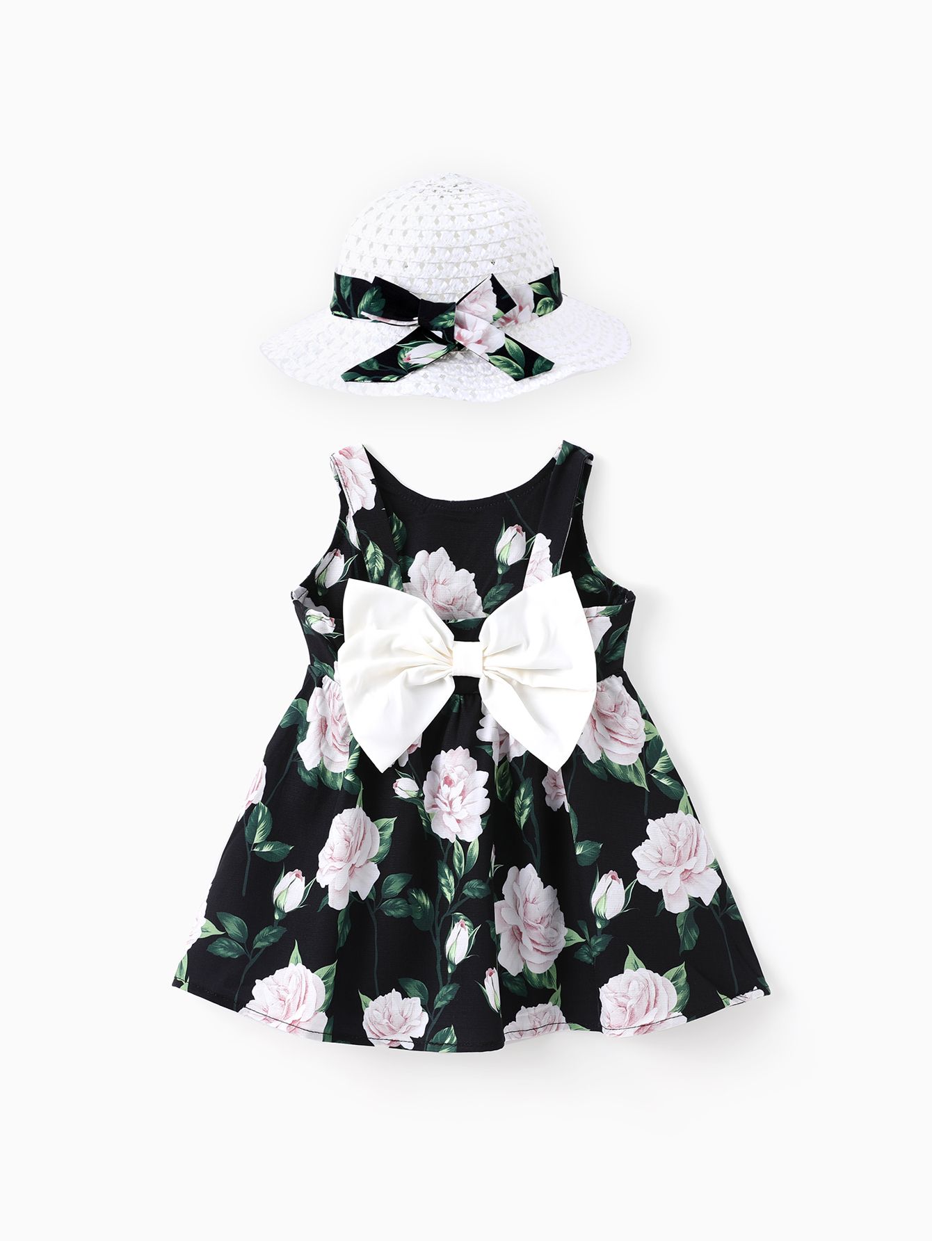 

Baby Girl 2pcs Floral Print Big Bowknot Dress with Hat