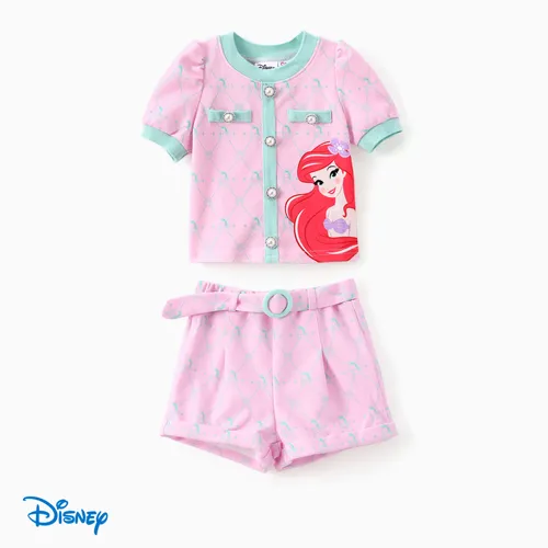 Disney Princess Toddler Girls Ariel 2pcs Tweed Plaid Personagem Print Puffy-sleeve Top com Shorts de Cinto Destacável Set 