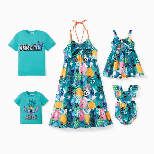 Disney Stitch Family Matching 熱帶花卉和植物夏威夷風格無袖掛脖連衣裙/棉質 T 恤