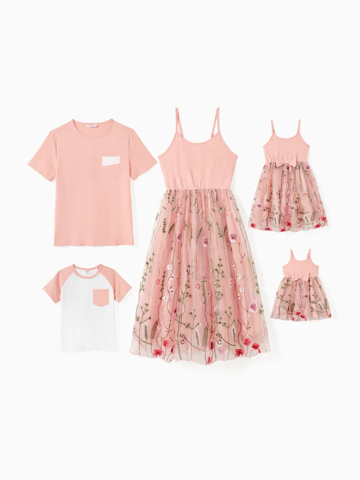 Camiseta de color sólido / mangas raglán a juego de la familia y conjuntos de vestido de tirantes de tul bordado de camisa rosa