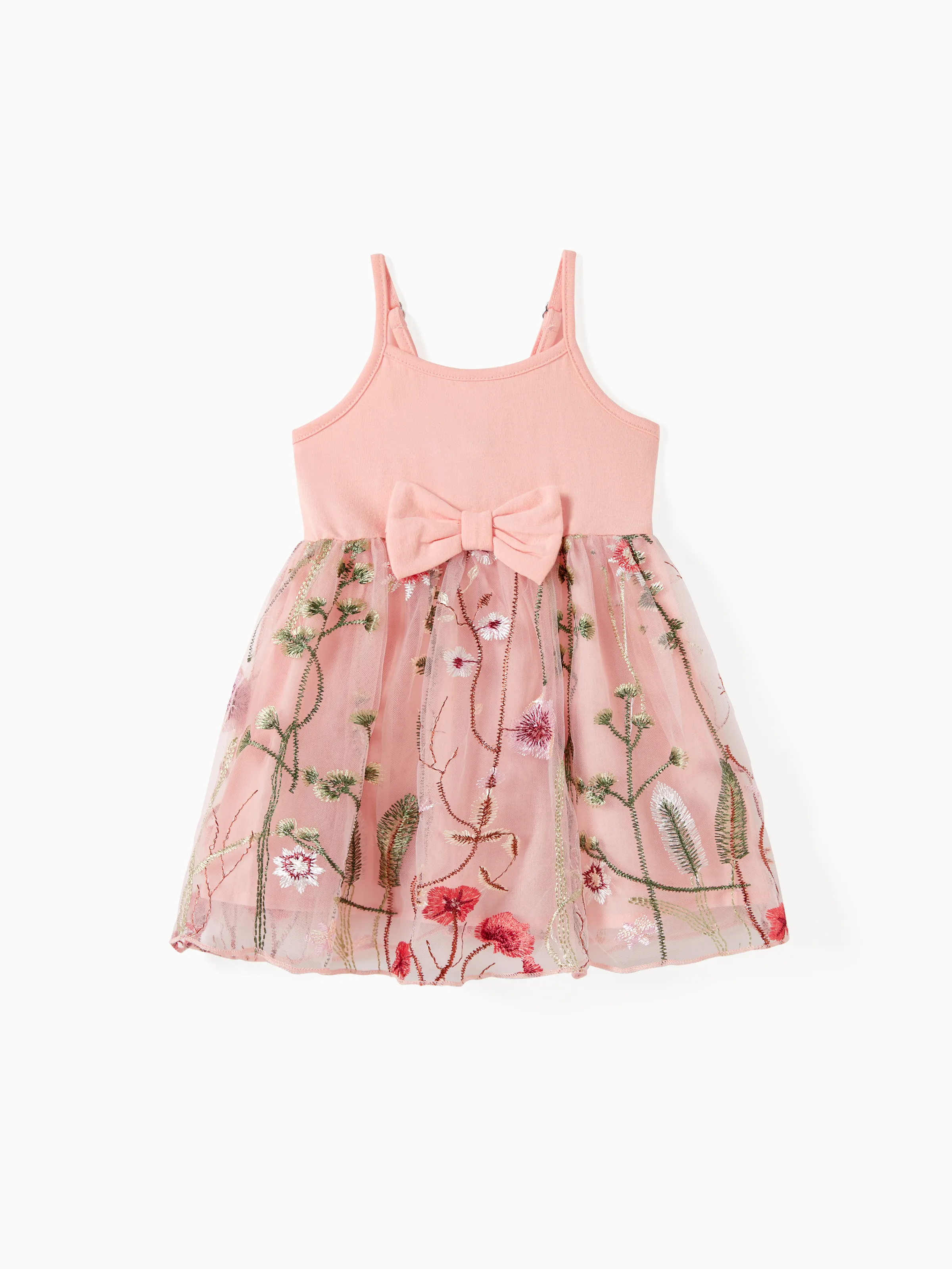 

Family Matching Solid Color/ Raglan Sleeves Tee and Pink Cami Embroidered Tulle Strap Dress Sets