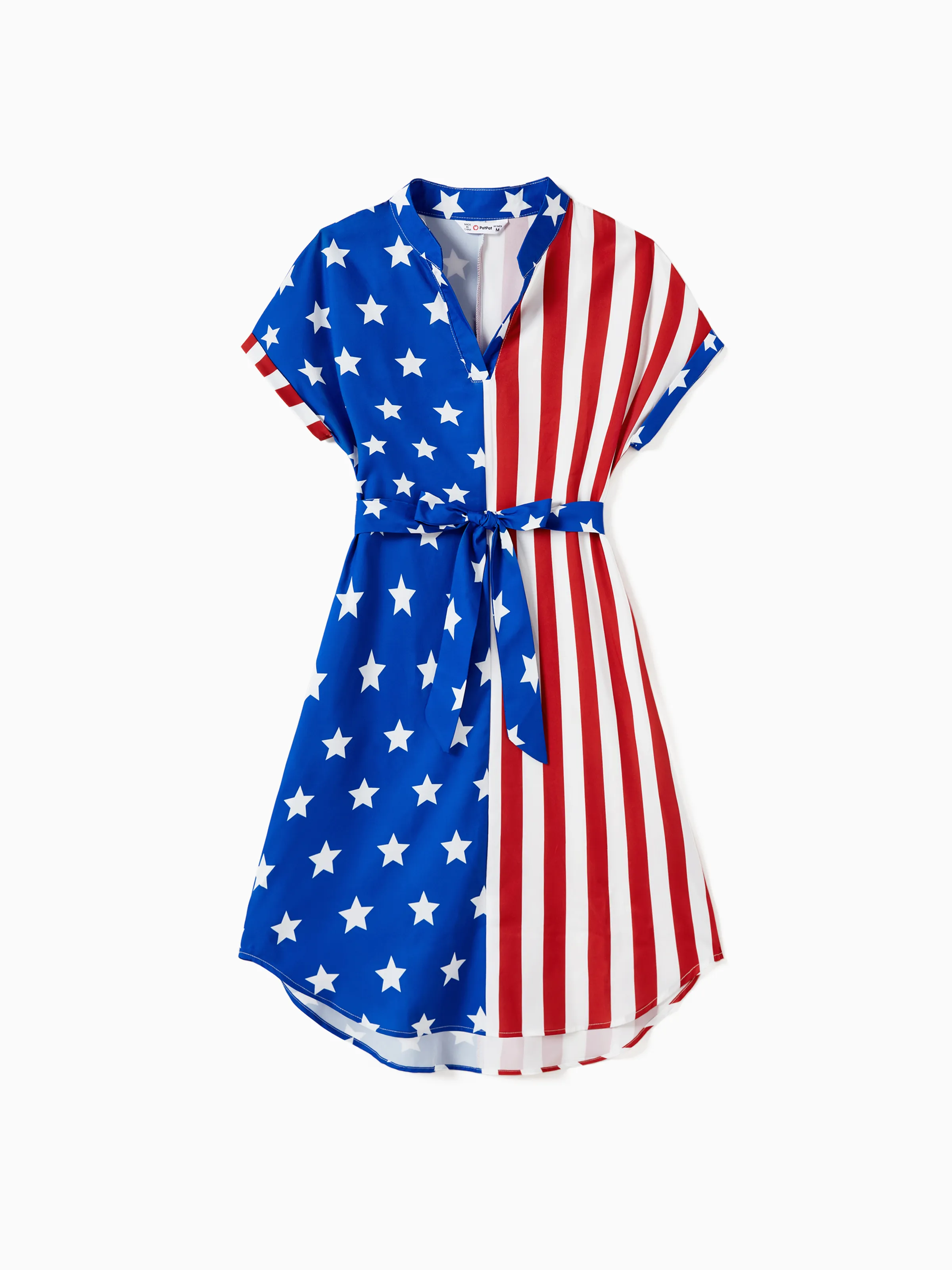 

Independence Day Family Matching Three Colors Stripe T-shirt and Notched Neck Belted Dress Sets