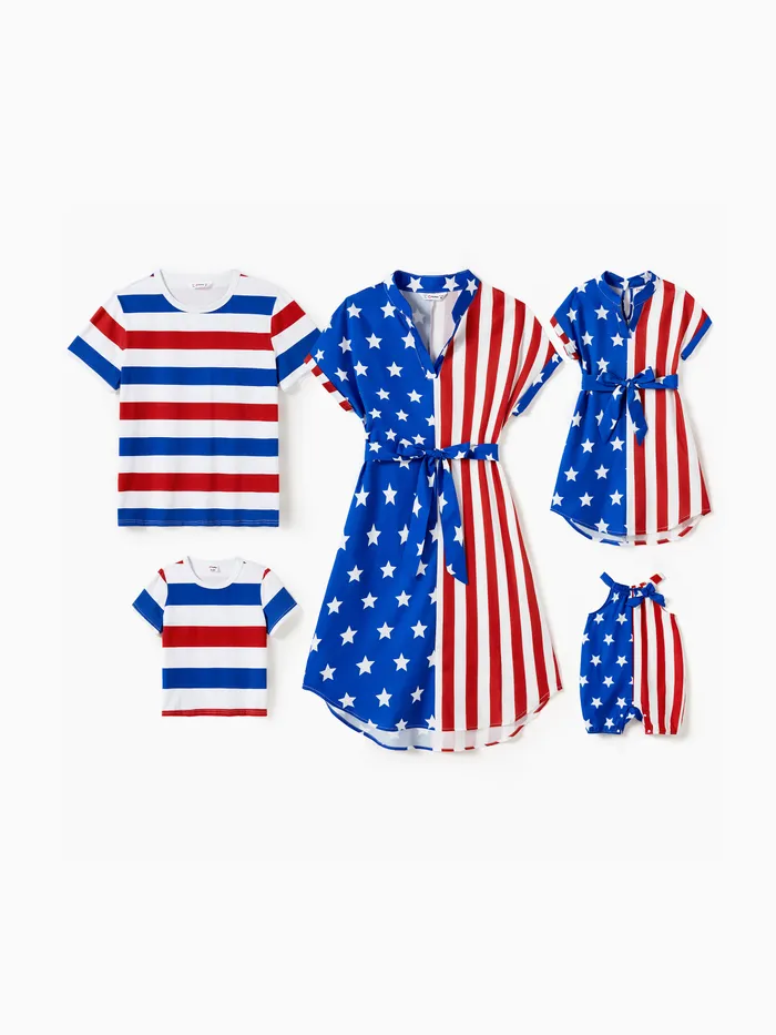 Família Independence Day combinando três cores listra T-shirt e Notched Neck Belted Dress Sets