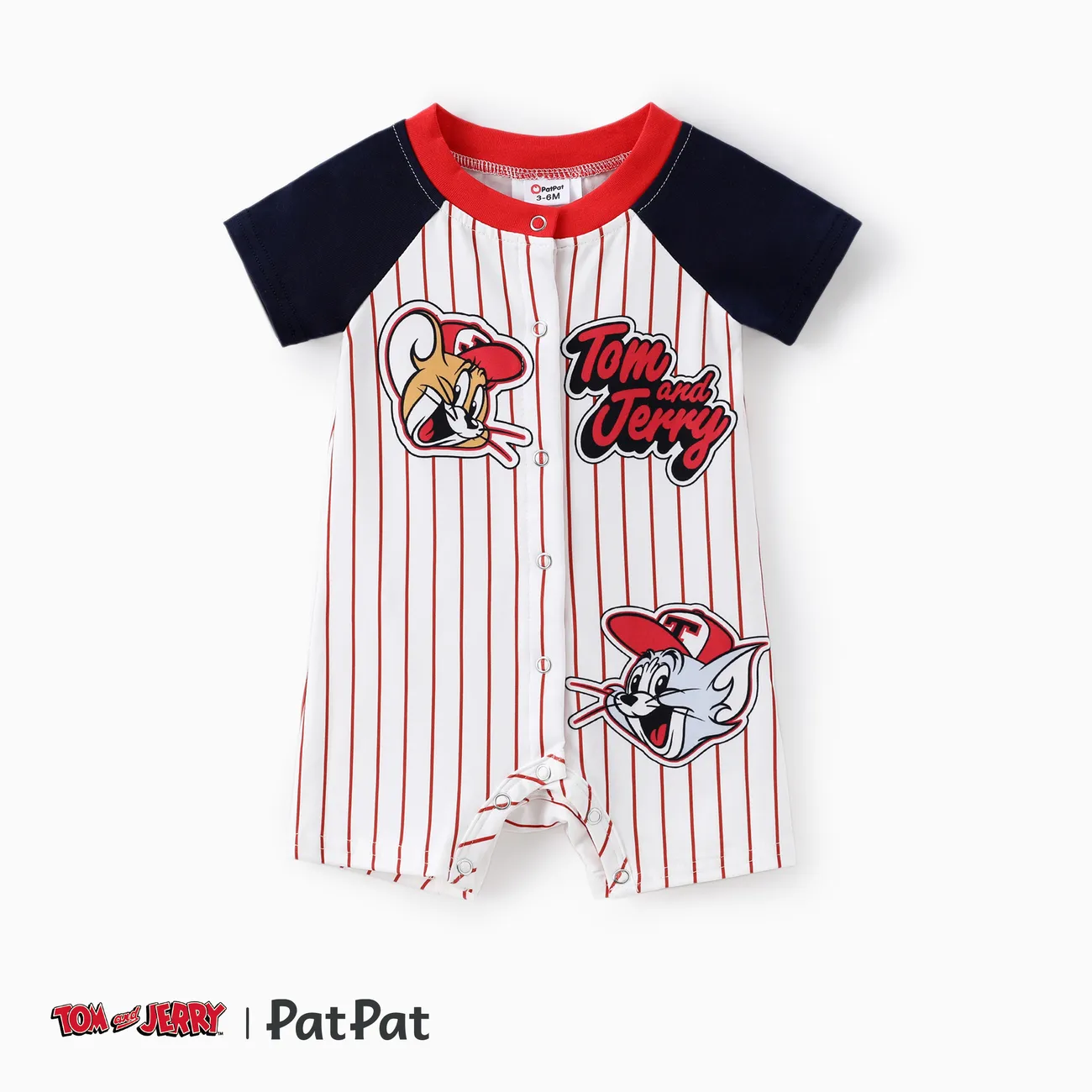 Tom and Jerry Baby Boys 1pc Striped Character Letter Print Onesie Red big image 1