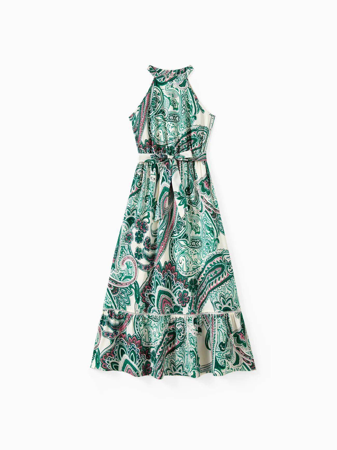 Women - Family Matching Sets Color Block Polo Shirt or High Neck Halter Ruffle Hem Boho Dress - Green - image 2