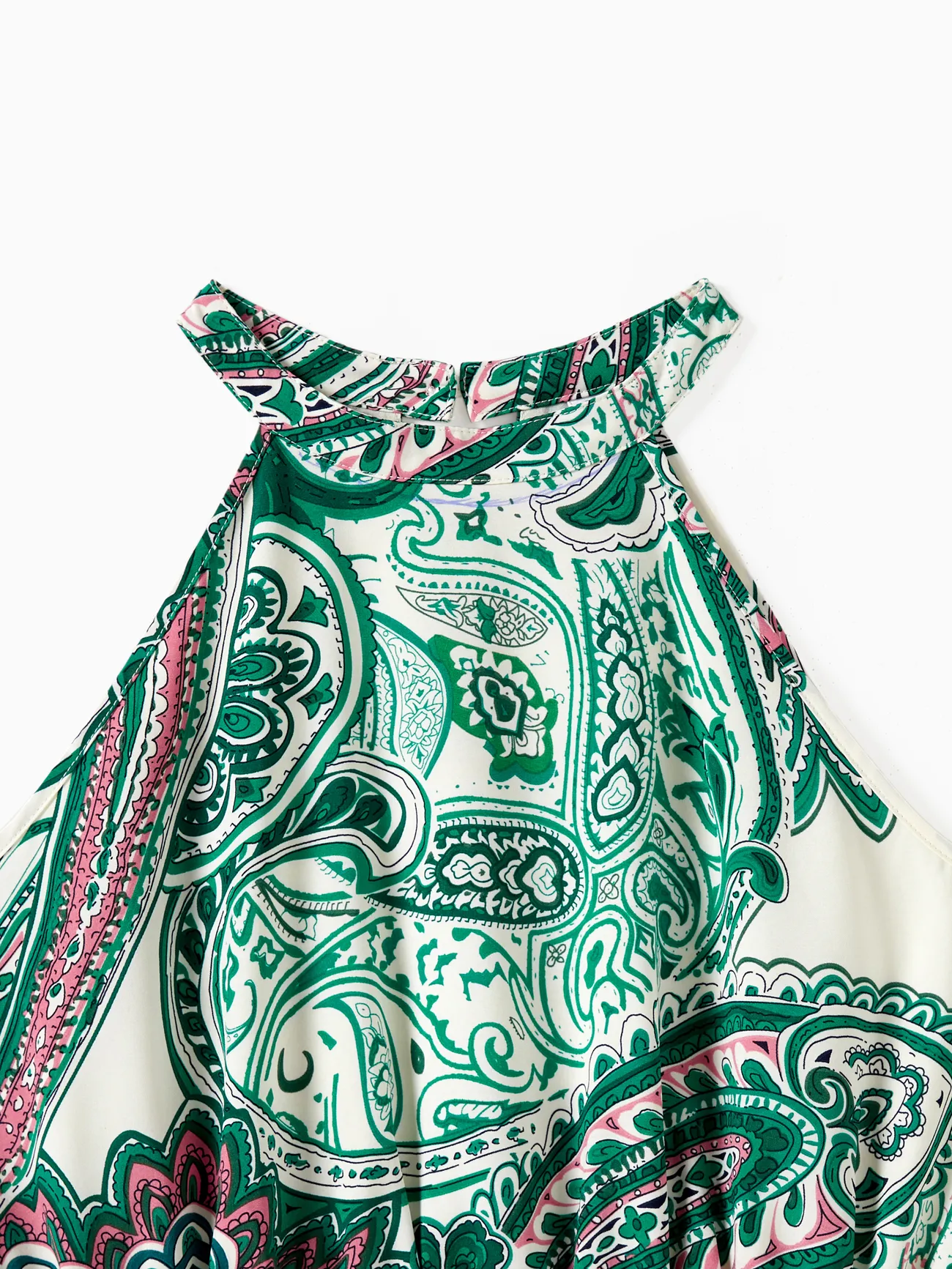 Women - Family Matching Sets Color Block Polo Shirt or High Neck Halter Ruffle Hem Boho Dress - Green - image 3