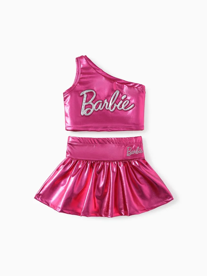 Barbie Kleinkind Mädchen 2-teiliges Metallic-One-Shoulder-Top mit Logo-Print und Röcken-Set

