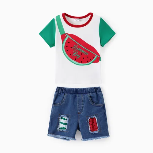 Camiseta con estampado de sandía para niños pequeños de 2 piezas y conjunto de pantalones cortos rasgados de mezclilla refrescante