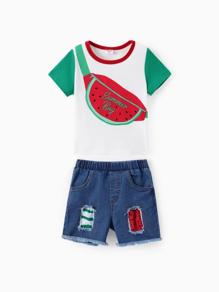 Camiseta con estampado de sandía para niños pequeños de 2 piezas y conjunto de pantalones cortos rasgados de mezclilla refrescante