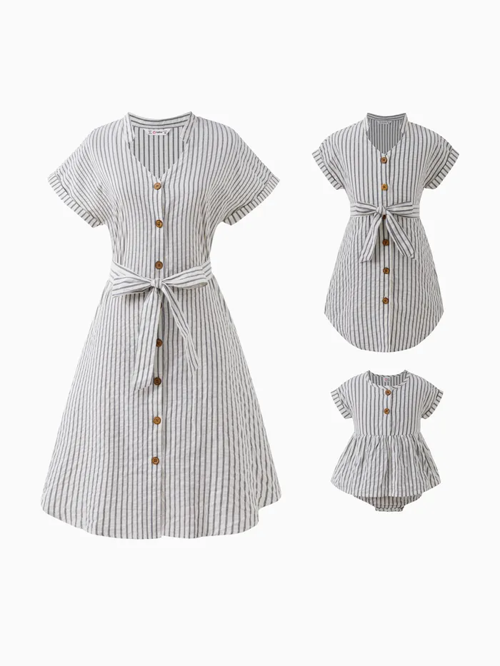  Mommy and Me Matching Vertical Stripe Button Up Short Sleeves Cotton Belted Dresses