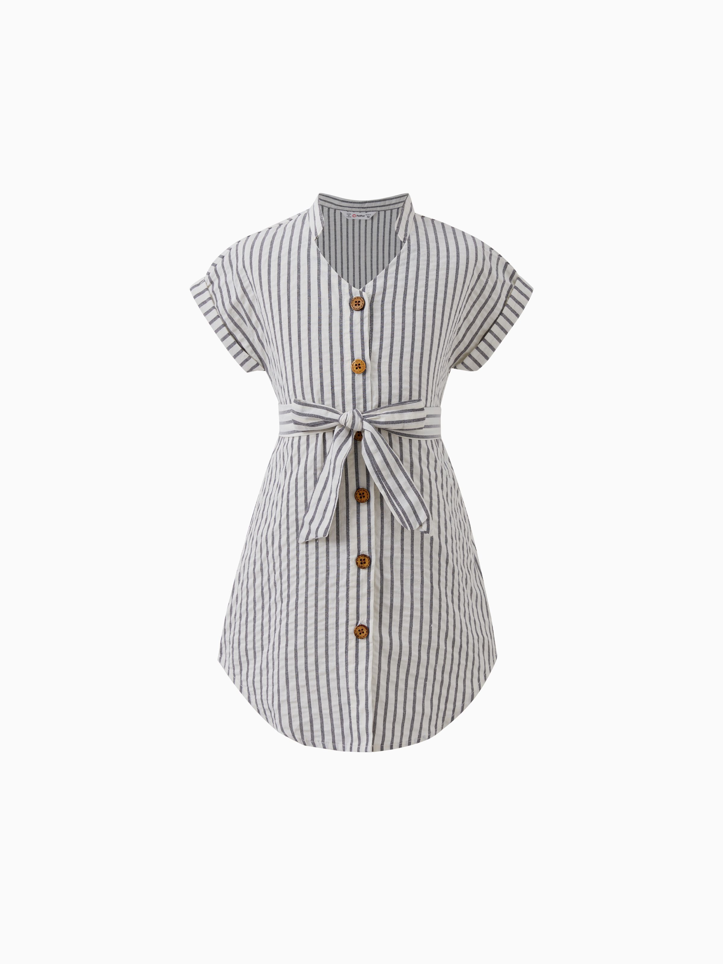 

Mommy and Me Matching Vertical Stripe Button Up Short Sleeves Cotton Belted Dresses