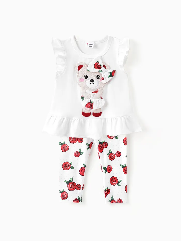 嬰兒/幼兒女孩 2 件小熊印花荷葉邊上衣和花卉緊身褲套裝