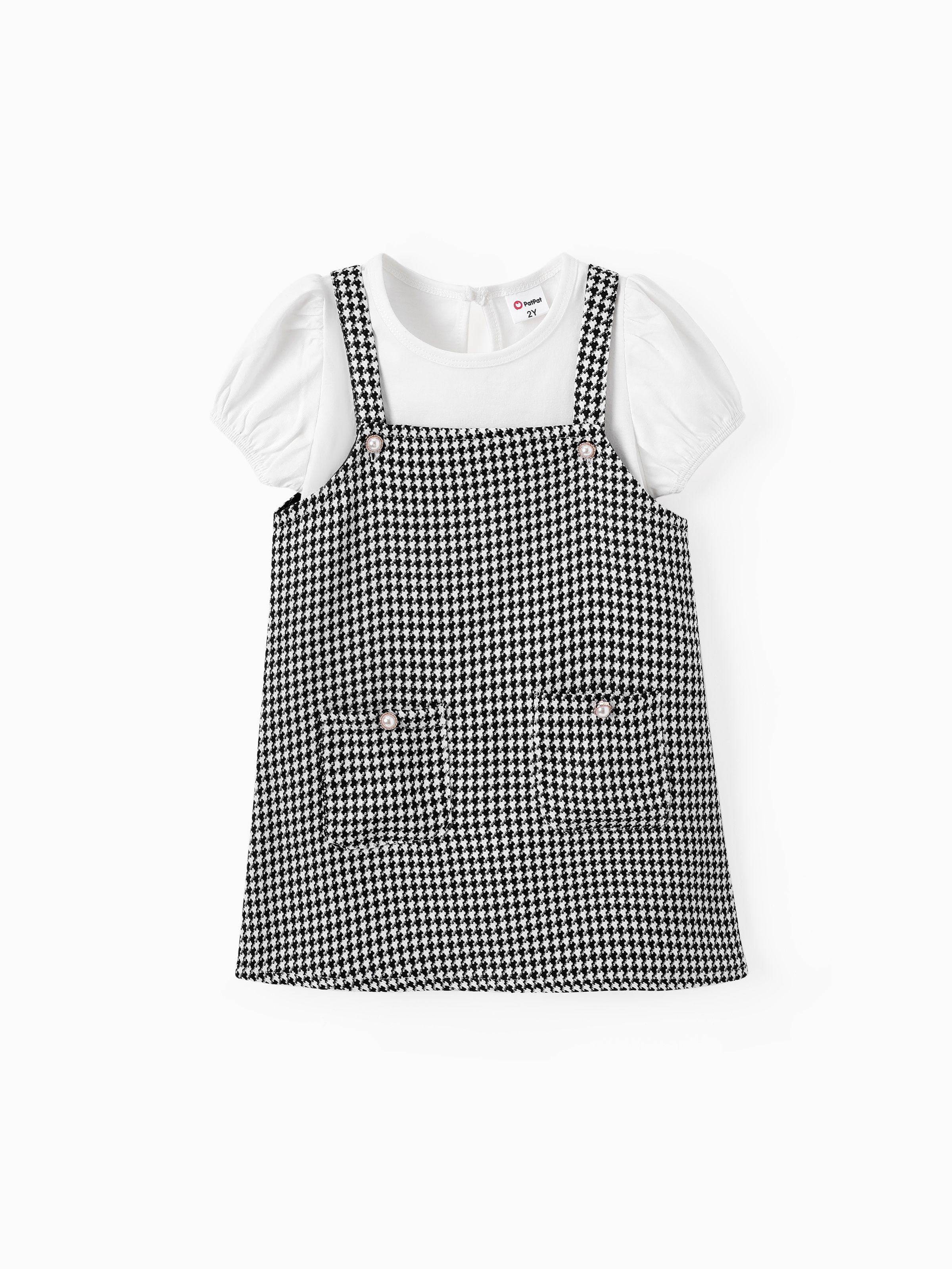 

Toddler Girl 2pcs Puff-sleeve Tee and Grid Print Overall Dress Set