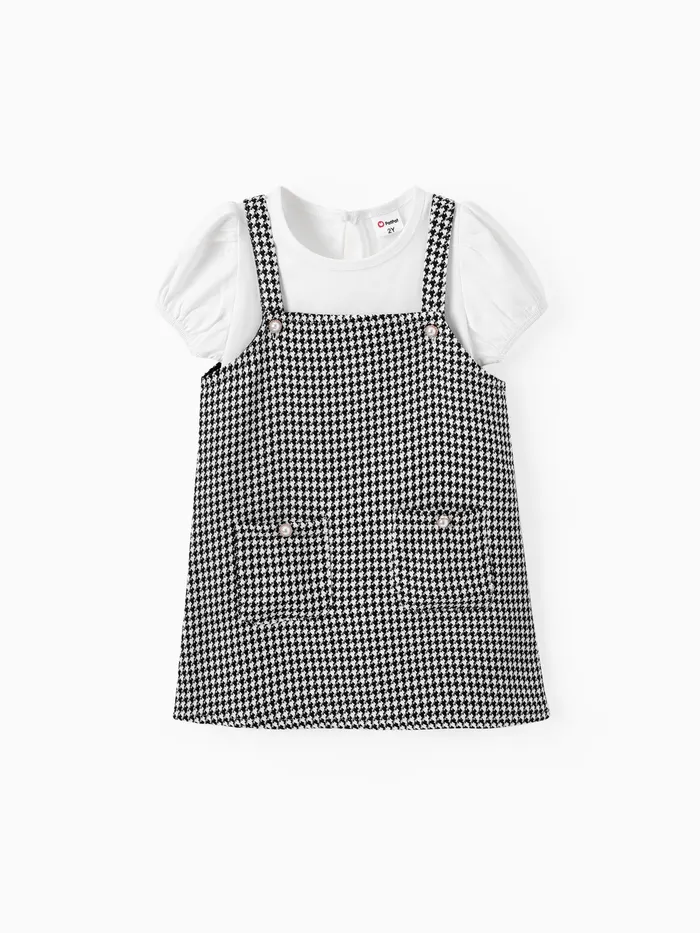 Kleinkind-Mädchen 2-teiliges Puffärmel-T-Shirt und Gitterdruck-Overall-Kleid-Set