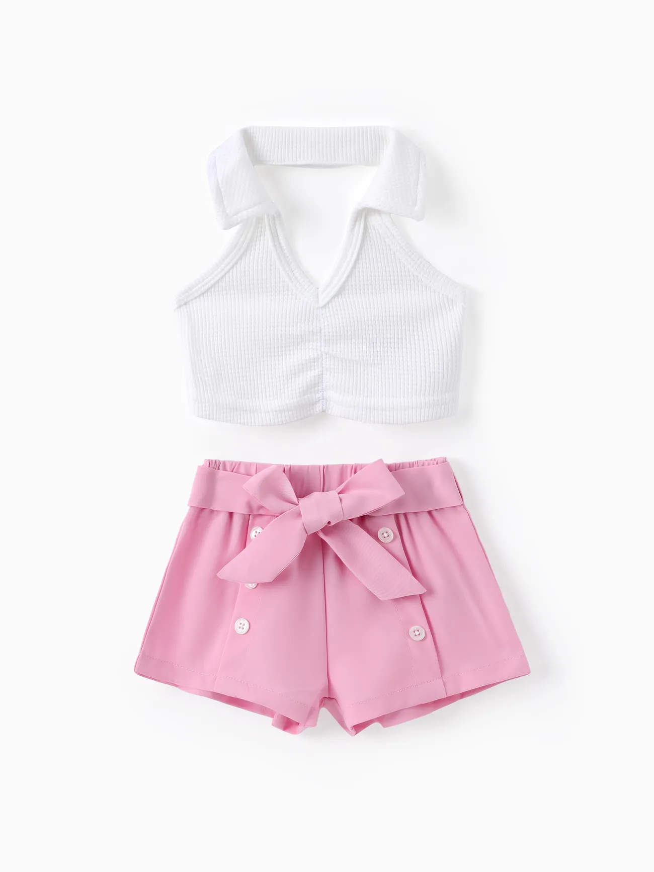Baby Girl 2pcs Lapel Collar Top and Belted Shorts Set White big image 1