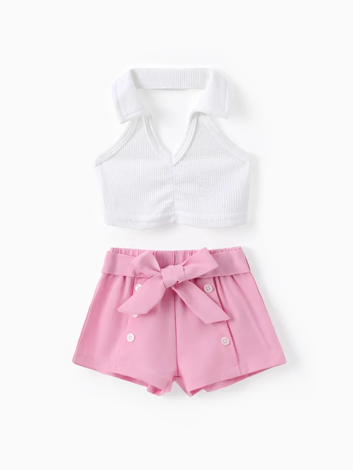 Baby Girl 2pcs Lapel Collar Top and Belted Shorts Set