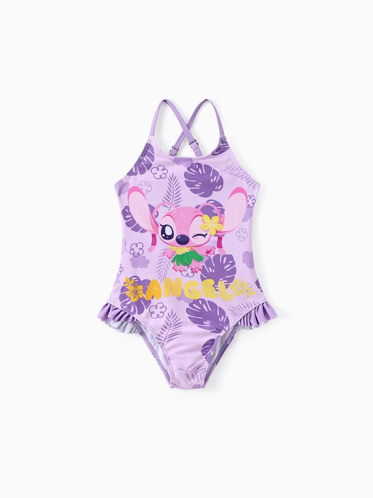 Disney Stitch Baby/Toddler Girls 1pc Character Floral Plant Print Ruffle-hem Swimsuit Purple big image 1