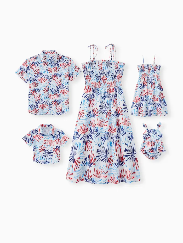 Family Matching Floral Beach Shirt and Shirred Top Tie Strap Midi Dress Sets