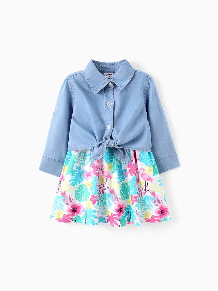Toddler Girl 2pcs Camisa jeans refrescante e estampa floral Cami Dress Set