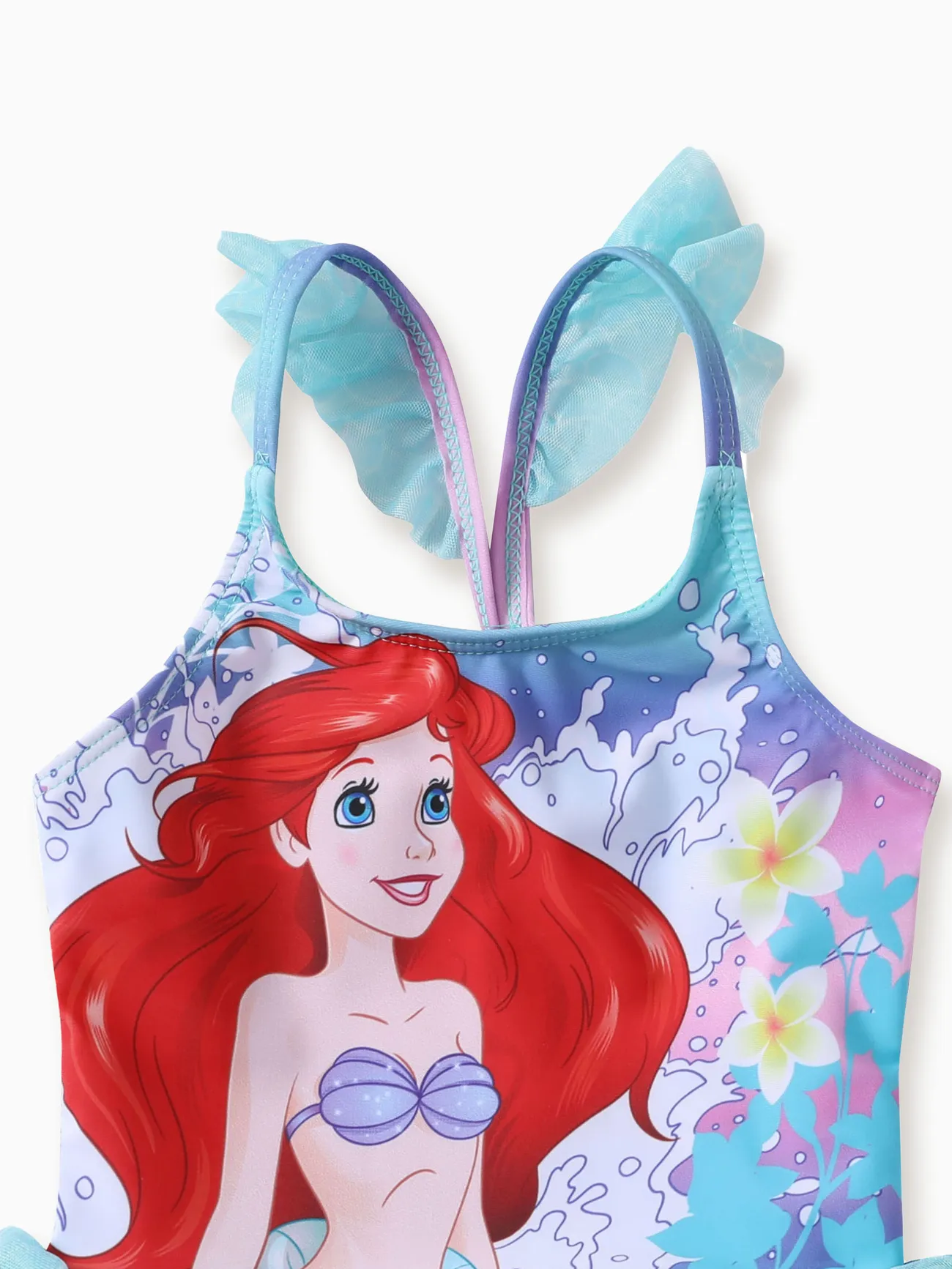Disney Princess Toddler Girls 1pc Character Gradient Floral Print Ruffle-sleeve Mesh Swimsuit LightBlueGreen big image 1