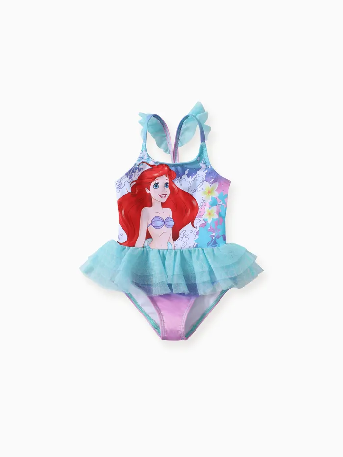 Disney Prinzessin Kleinkind Mädchen 1pc Charakter Farbverlauf Blumendruck Rüschenärmel Mesh Badeanzug