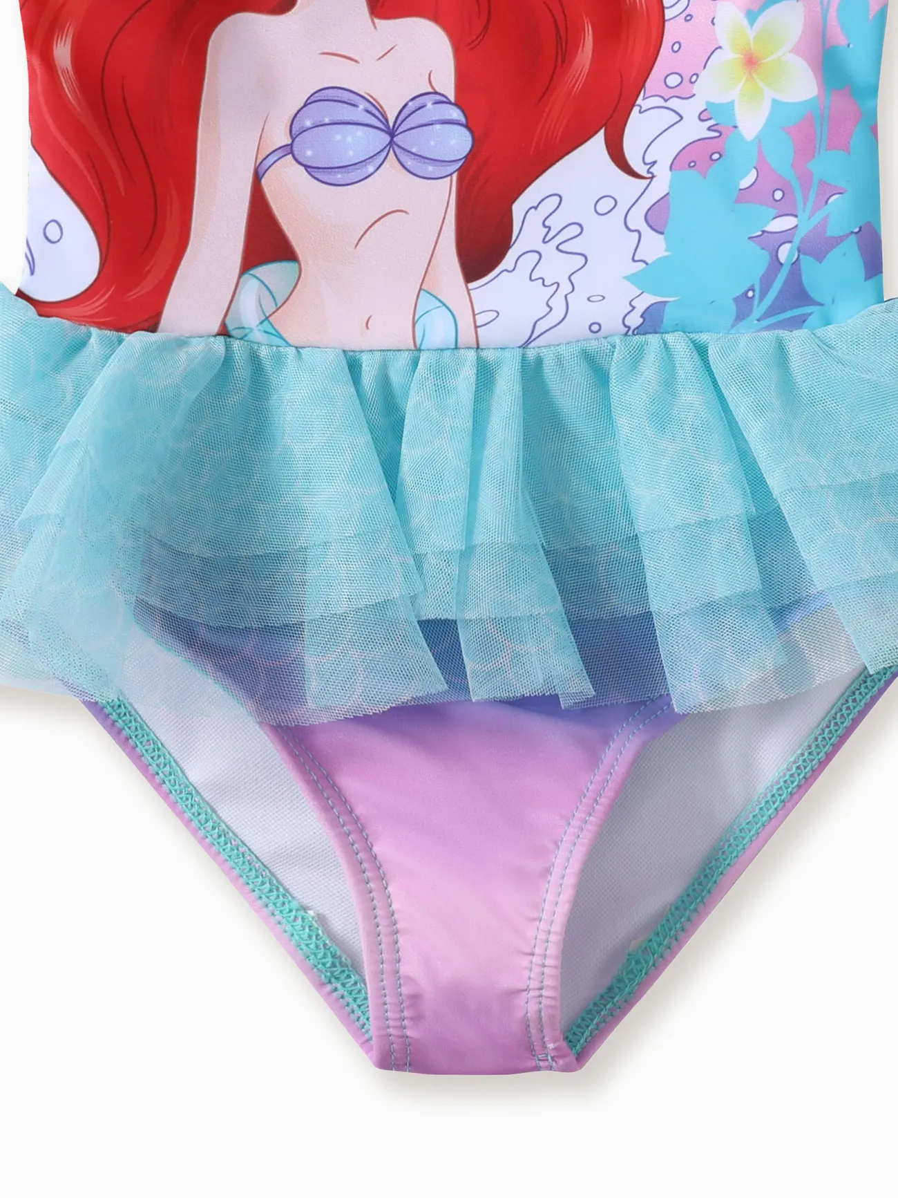 Disney Princess Toddler Girls 1pc Character Gradient Floral Print Ruffle-sleeve Mesh Swimsuit LightBlueGreen big image 1