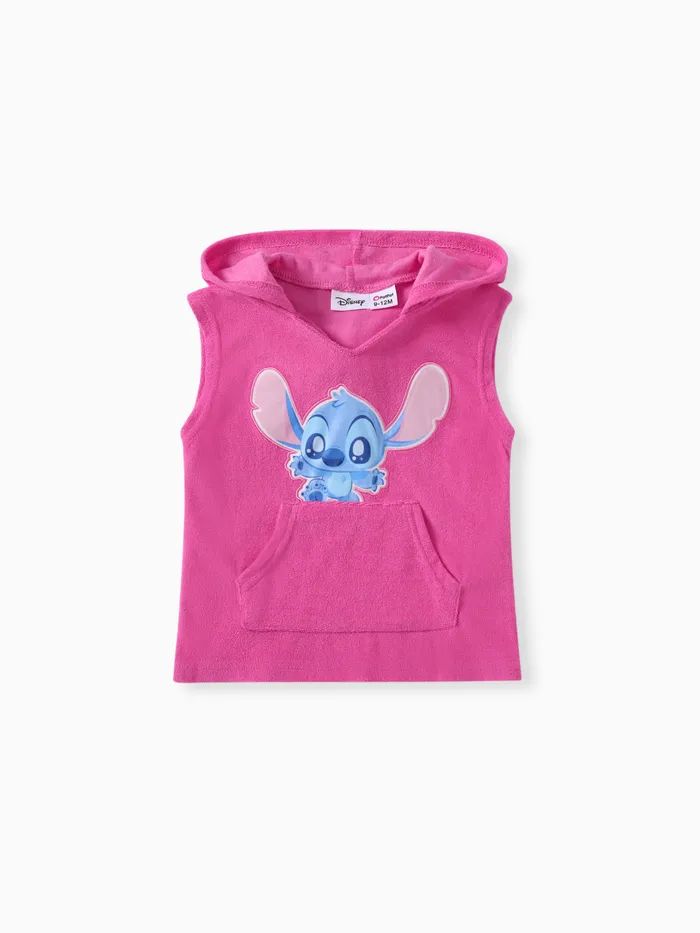 Disney Stitch 嬰兒/幼兒女孩 1 件棉質字元印花泳裝罩衫/連帽毛巾