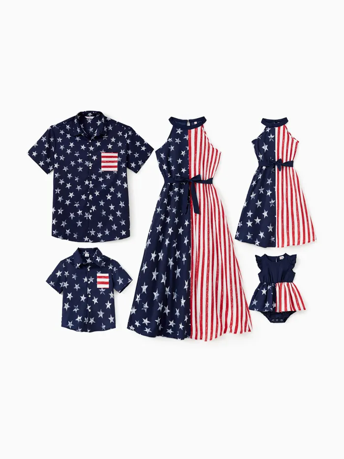 Independence Day Family Matching American Flag Print Shirt and High Neck Halter Sleeveless Belted Midi Dress Sets