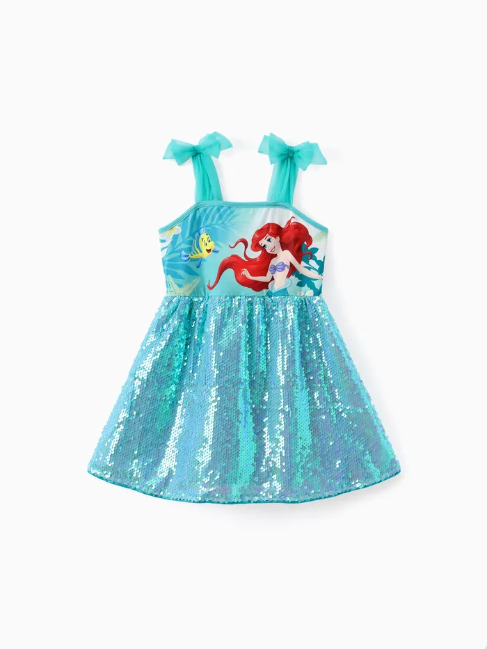 Disney Princess Toddler Girls Ariel / Jasmine 1pc Naia™ Personagem Floral / Ocen-tema Print Mesh Bowknot Strap Sequin Vestido sem mangas