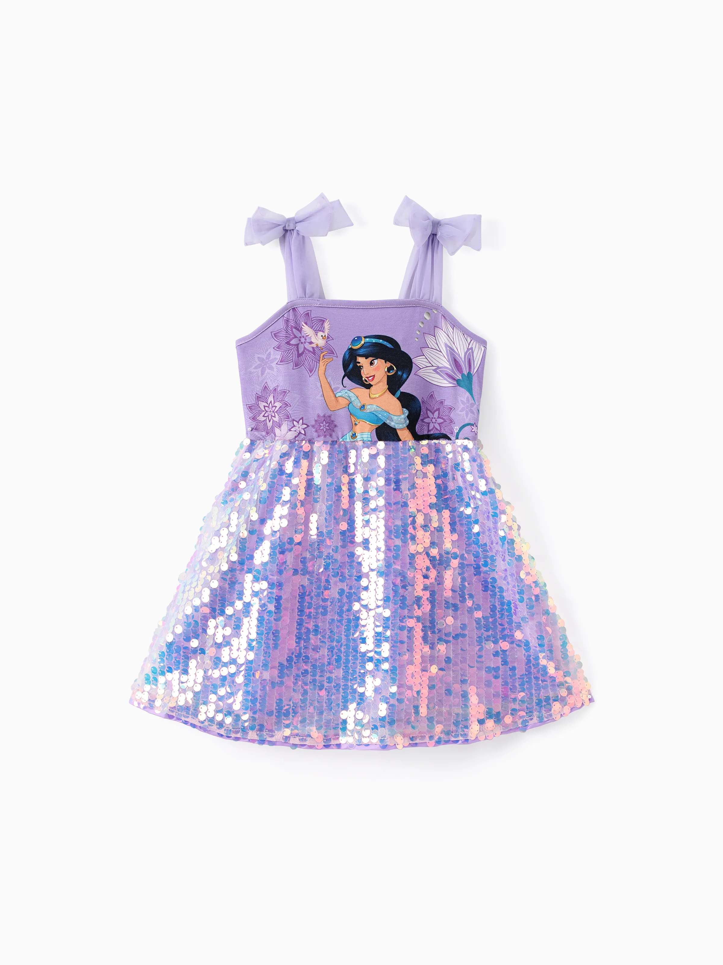 

Disney Princess Toddler Girls Ariel/Jasmine 1pc Naia™ Character Floral/Ocen-theme Print Mesh Bowknot Strap Sequin Sleeveless Dress