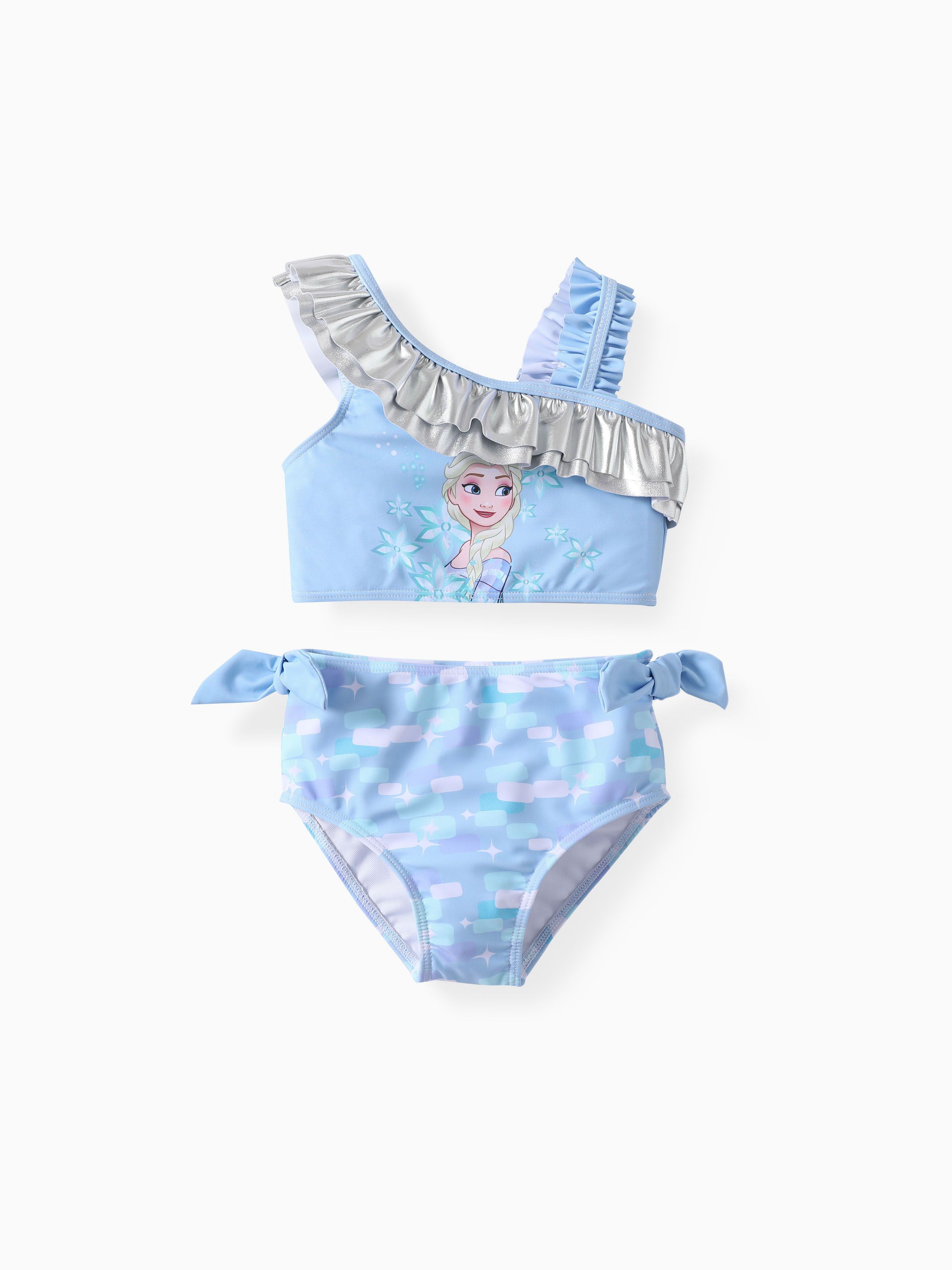 

Disney Frozen Toddler Girl 2pcs Elsa Sparkle Print with Bowknot One-shoulder Ruffle Swimsuit