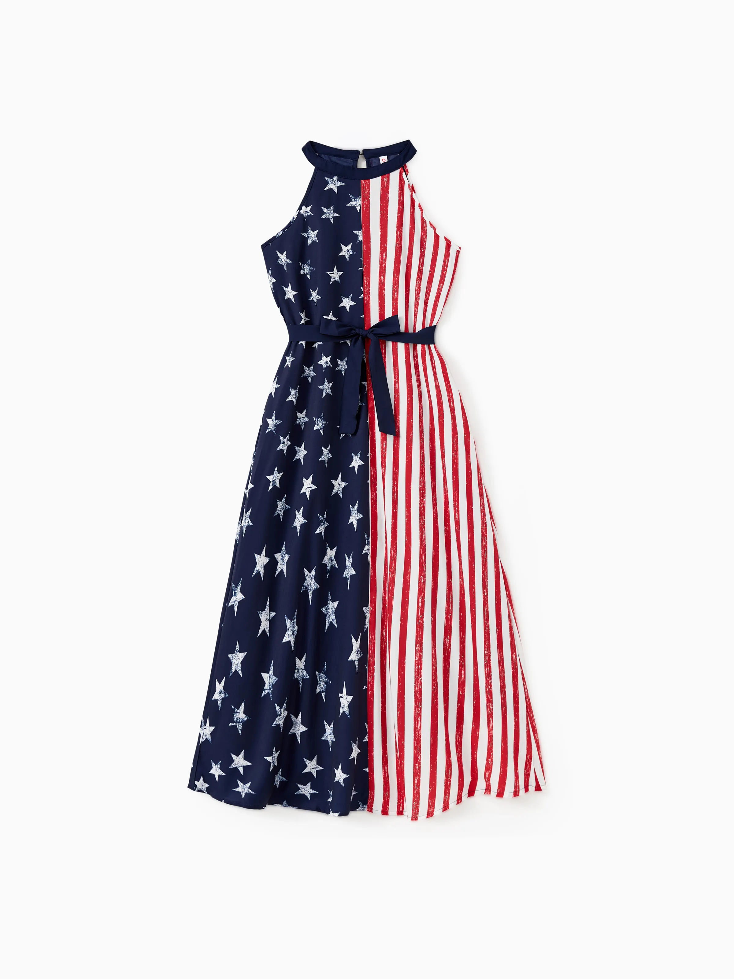 

Independence Day Family Matching American Flag Print Shirt and High Neck Halter Sleeveless Belted Midi Dress Sets