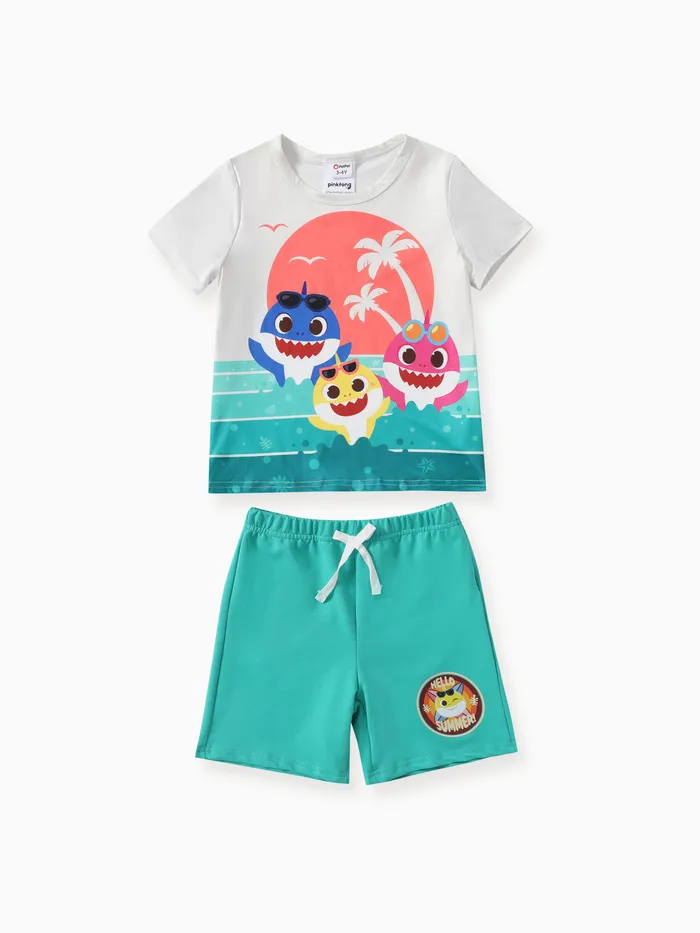 Baby Shark Toddler Boys 2pcs Tropical Ocean Shark Print Tee with Cotton Shorts Set