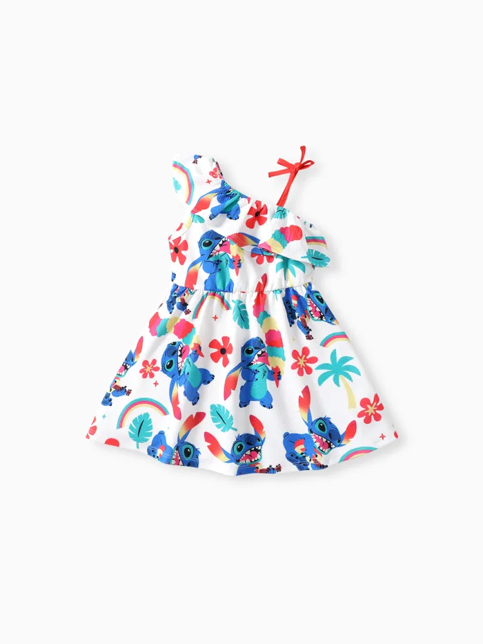 Disney Stitch Toddler Girls 1pc Character All-over Rainbow Floral Print One-shoulder Bow Dress