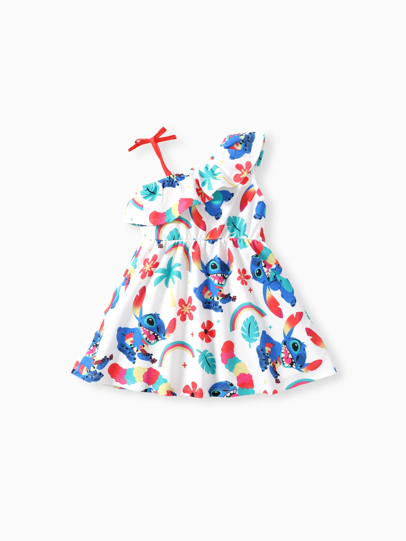 Disney Stitch Toddler Girls 1pc Character All-over Rainbow Floral Print One-shoulder Bow Dress White big image 1